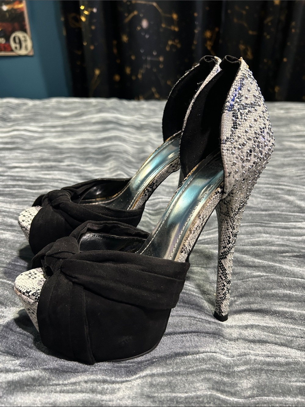 Madison Black Knotted Peep-Toe Platform Sandals with Silver Snake Heel